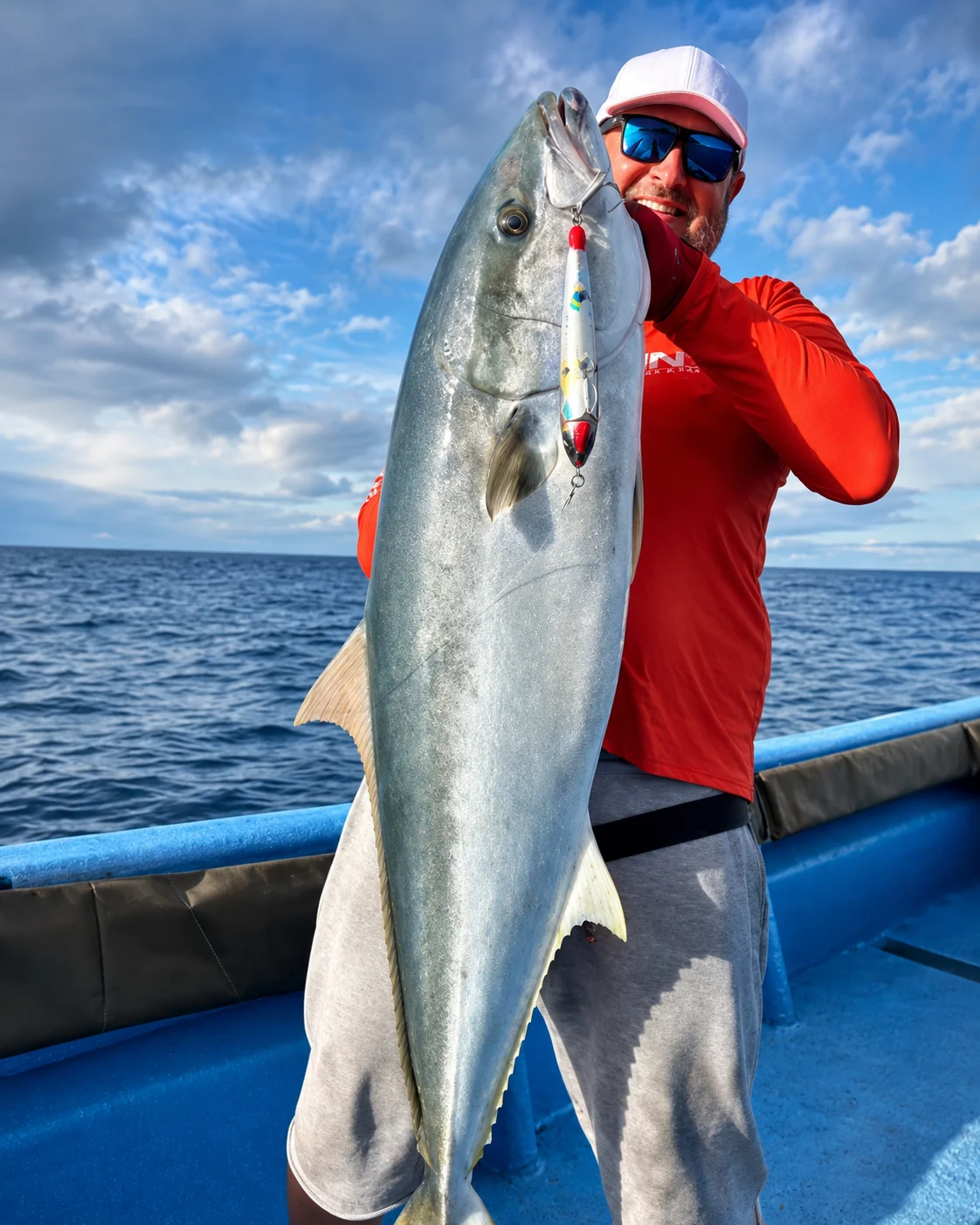 Pescador exibindo grande captura em mar aberto com isca Gui Custom Lures